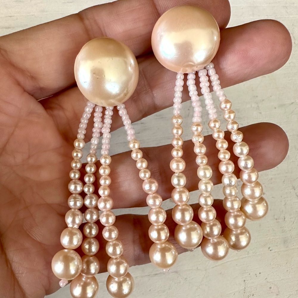Faux pink pearl long post earrings